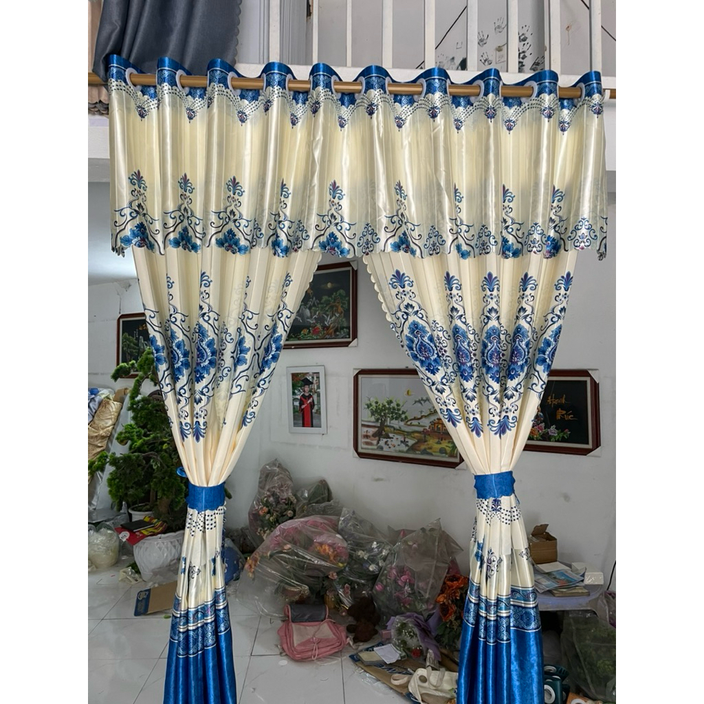 Rèm cửa buồng phi bóng xanh 2 mặt như nhau,yếm liền rèm .phần yếm trên ...