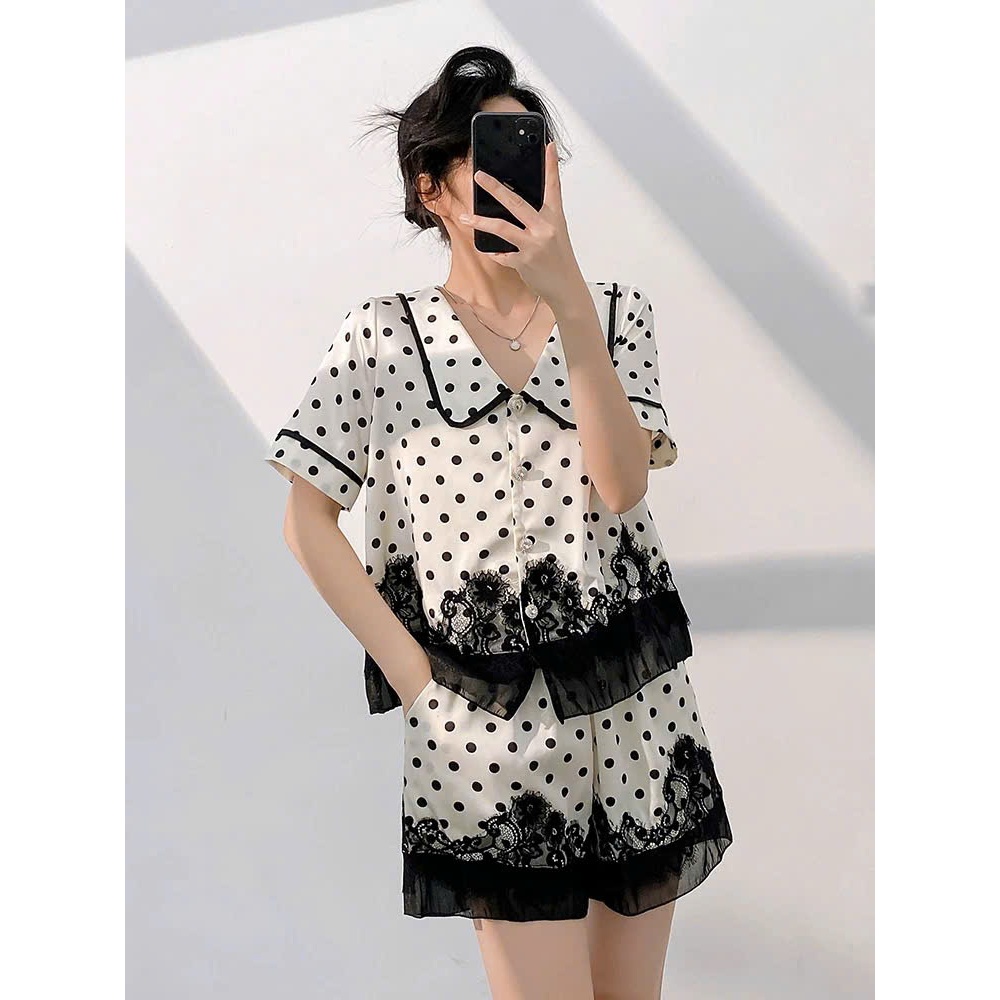 Đồ ngủ, pijama nữ chất lụa latin mềm mại họa tiết chấm bi phối viền bèo xinh xắn mặc nhà thoải mái HCOM26412