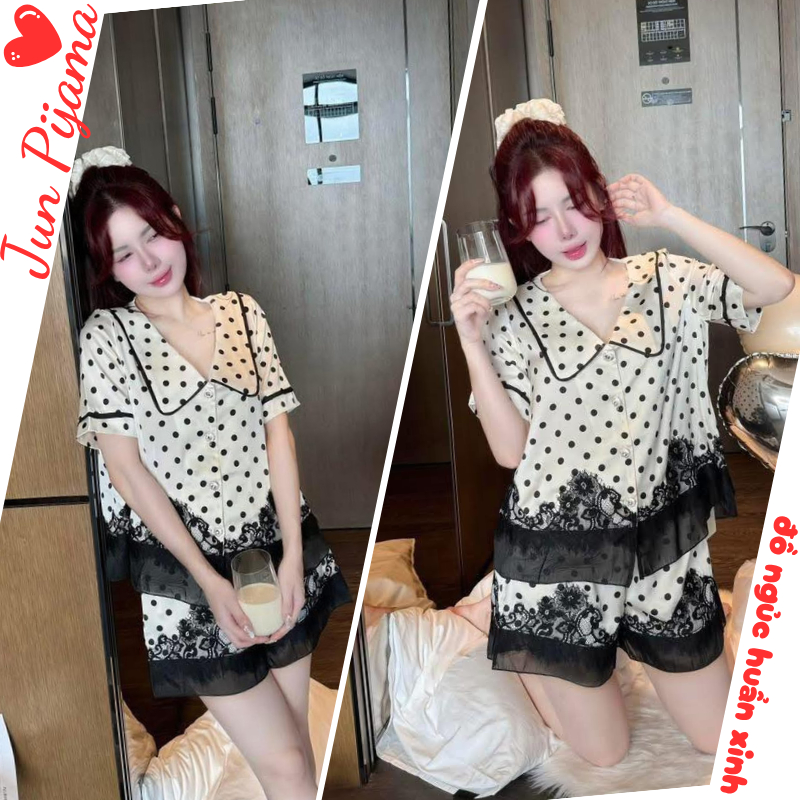 Đồ ngủ, pijama nữ chất lụa latin mềm mại họa tiết chấm bi phối viền bèo xinh xắn mặc nhà thoải mái HCOM26412