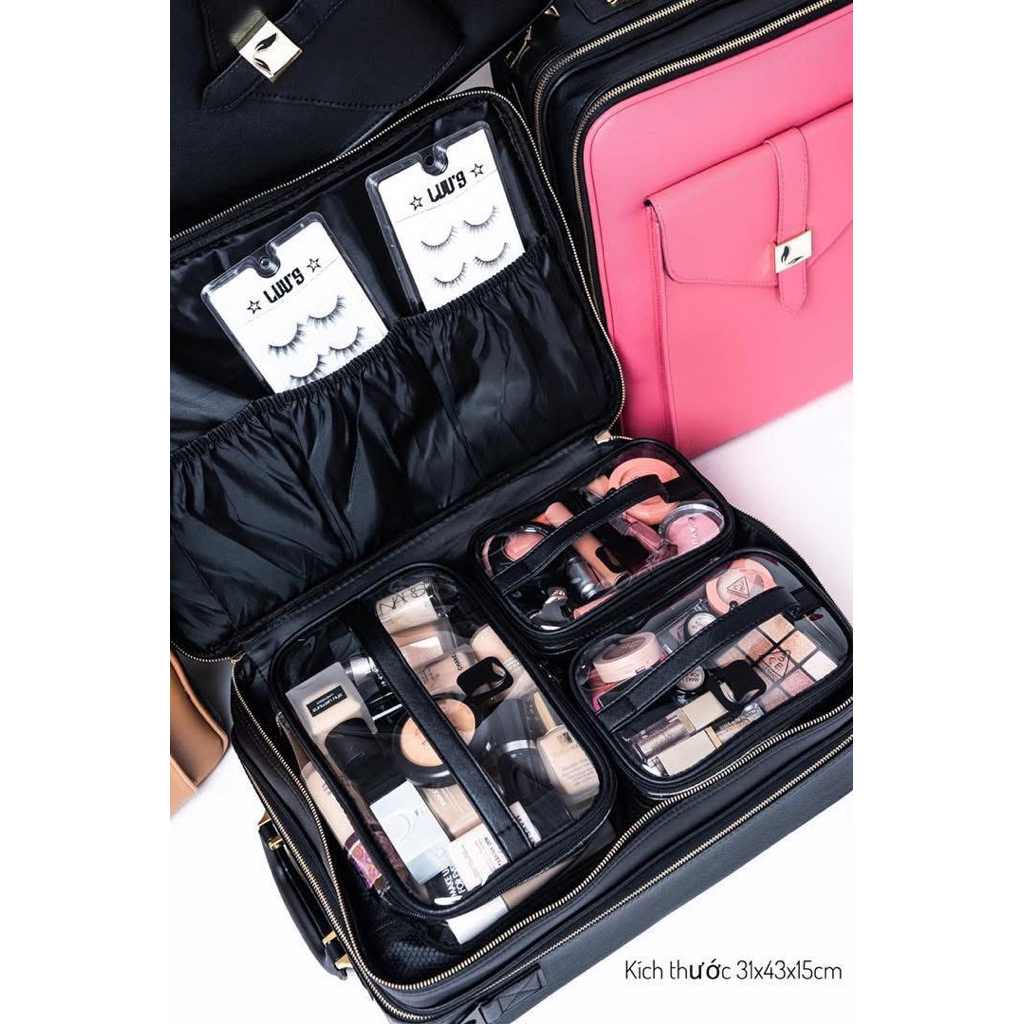 Cốp đựng mỹ phẩm chuyên nghiệp size 43cm nhiều ngăn – vali makeup cỡ lớn, chống thấm, kèm túi trong suốt tiện dụng