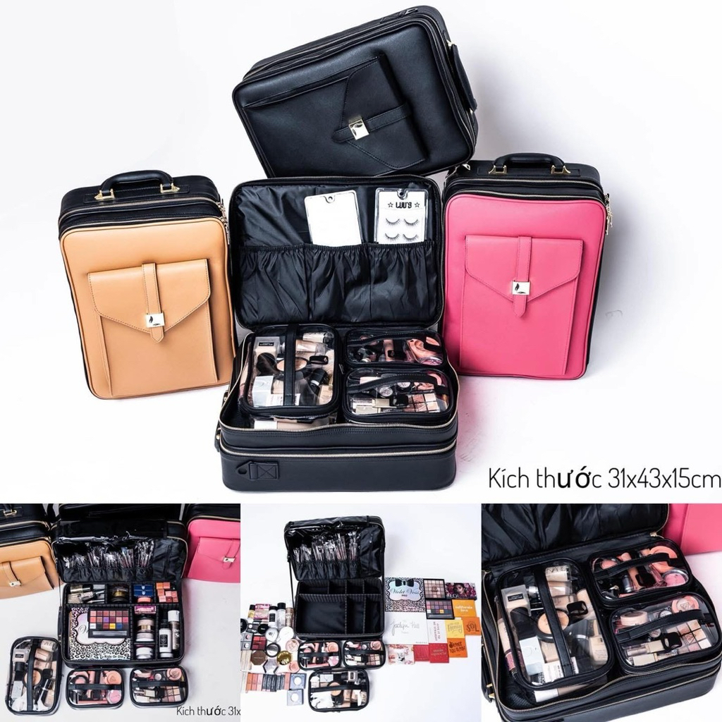 Cốp đựng mỹ phẩm chuyên nghiệp size 43cm nhiều ngăn – vali makeup cỡ lớn, chống thấm, kèm túi trong suốt tiện dụng