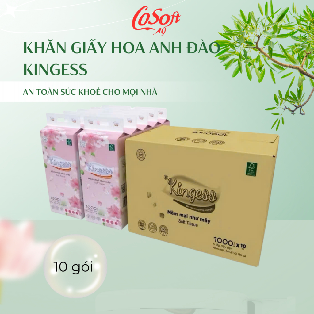 Combo 10 Túi Giấy Rút Treo Tường Kingess Màu Hồng,1000 Tờ-5Lớp-Mềm Mịn-Không Hóa Chất-An Toàn Cho Da