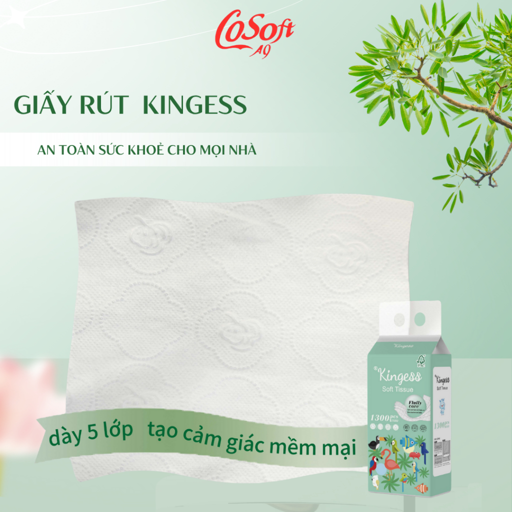 Giấy rút Treo Tường Kingess 5 Lớp – 1300 Tờ/Túi – 6 Túi Giấy Rút Lớn – Mềm Mịn, An Toàn Cho Da