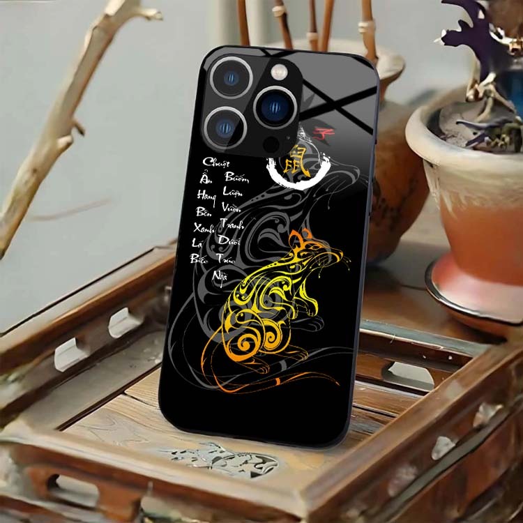 Ốp Lưng Cho IPHONE 15, 15 PLUS, 15 PRO, 15 PROMAX Mặt Lưng Kính Cường Lực 12 Con Giáp Thư Pháp
