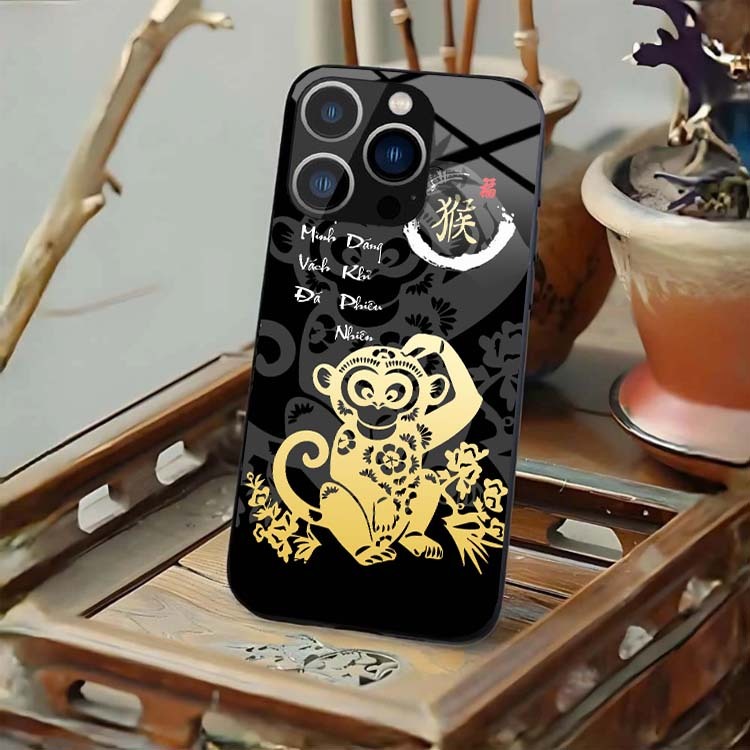 Ốp Lưng Cho IPHONE 15, 15 PLUS, 15 PRO, 15 PROMAX Mặt Lưng Kính Cường Lực 12 Con Giáp Thư Pháp
