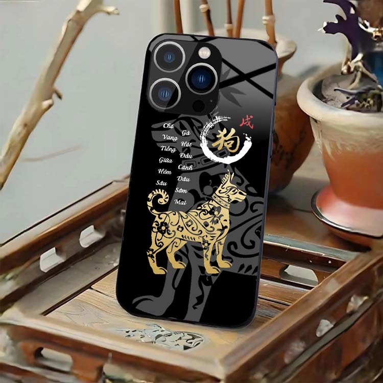 Ốp Lưng Cho IPHONE 15, 15 PLUS, 15 PRO, 15 PROMAX Mặt Lưng Kính Cường Lực 12 Con Giáp Thư Pháp