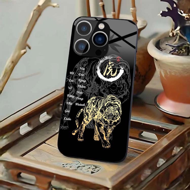 Ốp Lưng Cho IPHONE 15, 15 PLUS, 15 PRO, 15 PROMAX Mặt Lưng Kính Cường Lực 12 Con Giáp Thư Pháp