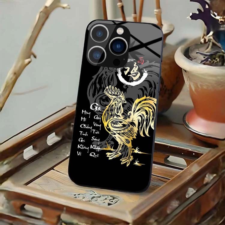 Ốp Lưng Cho IPHONE 15, 15 PLUS, 15 PRO, 15 PROMAX Mặt Lưng Kính Cường Lực 12 Con Giáp Thư Pháp
