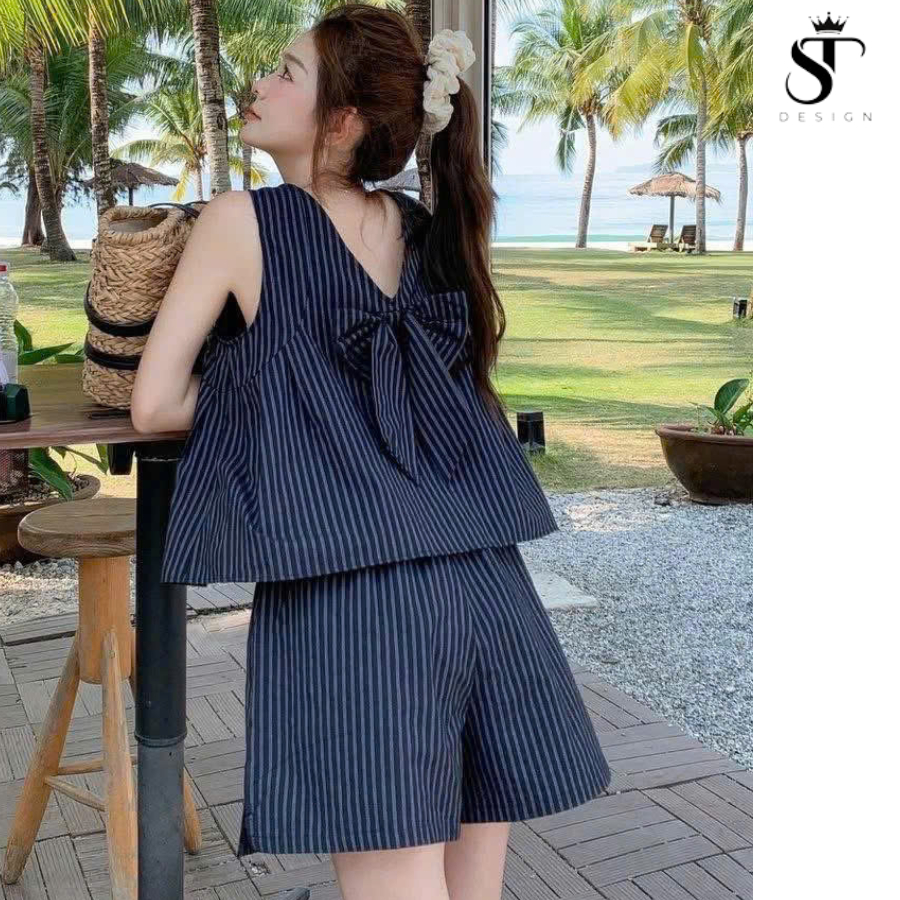 Set bộ sọc phối nơ không tay- có thể mặc 2 kiểu Thời trang nhẹ nhàng Phong cách trẻ trung ST Design- 25
