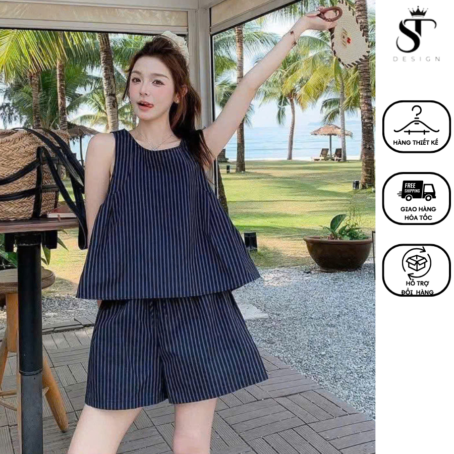 Set bộ sọc phối nơ không tay- có thể mặc 2 kiểu Thời trang nhẹ nhàng Phong cách trẻ trung ST Design- 25
