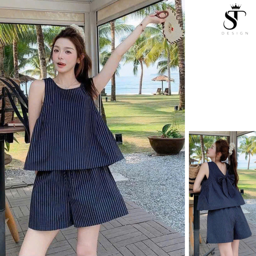 Set bộ sọc phối nơ không tay- có thể mặc 2 kiểu Thời trang nhẹ nhàng Phong cách trẻ trung ST Design- 25