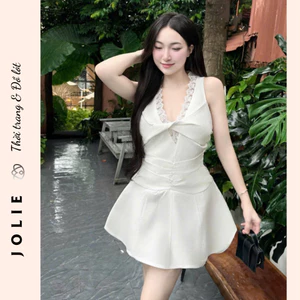 Váy Cổ Yếm Phối Ren Dáng Xòe Dự Tiệc Thanh Lịch