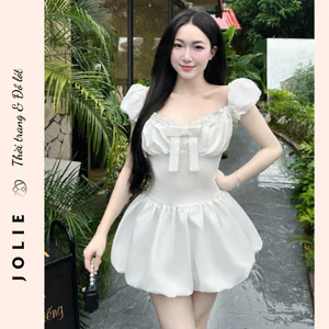 Váy Cổ Vuông Tay Bồng Đính Nơ Dáng Babydoll Xòe Ngọt Ngào