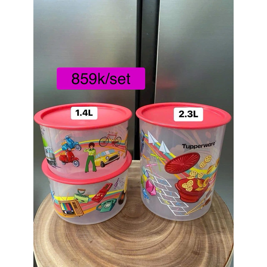 set 3 hộp khô Tupperware (2 hộp 1,4L và 1 hộp 2,3L), Tup Malay; hoạ ...