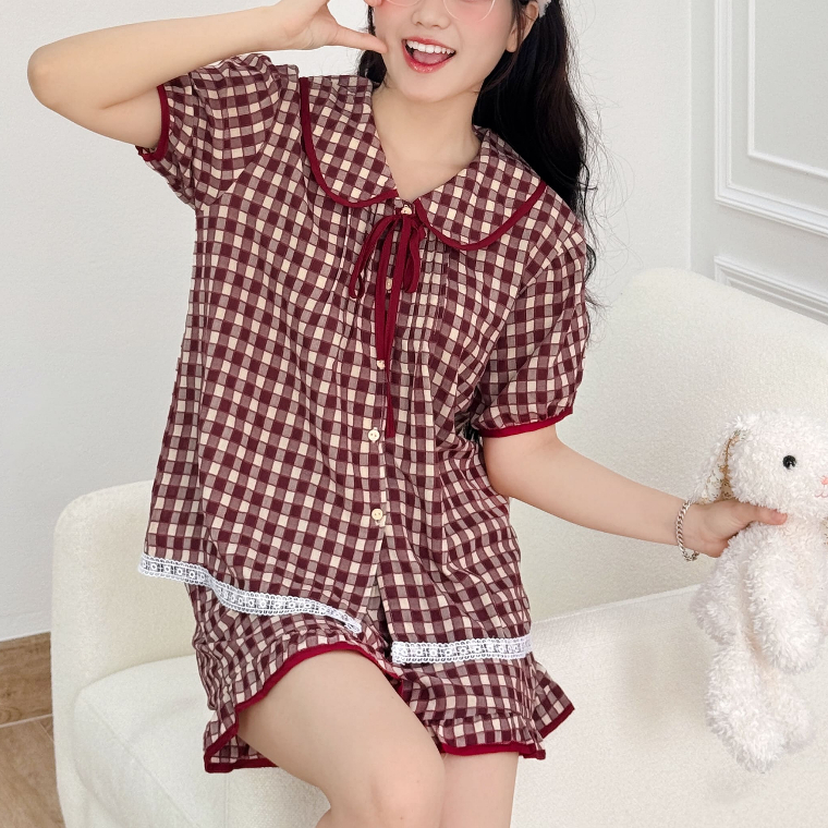 Đồ Ngủ Nữ Bigsize Tay Ngắn Mùa Hè Chất Đũi Caro Dễ Thương Mặc Nhà Mát Mịn – PONA