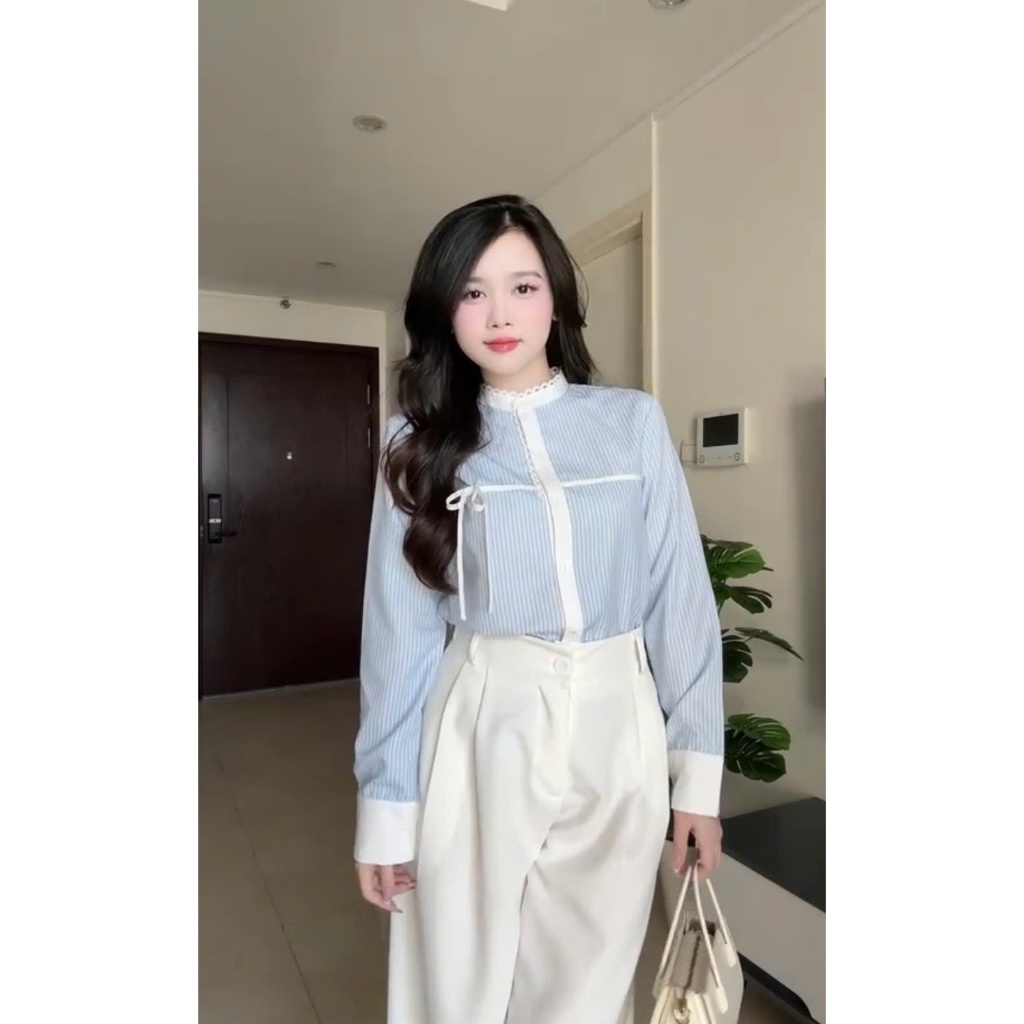 Áo sơ mi kẻ sọc cổ tàu mix ren hàng thiết kế sang trọng, thanh lịch - ST Design - 15