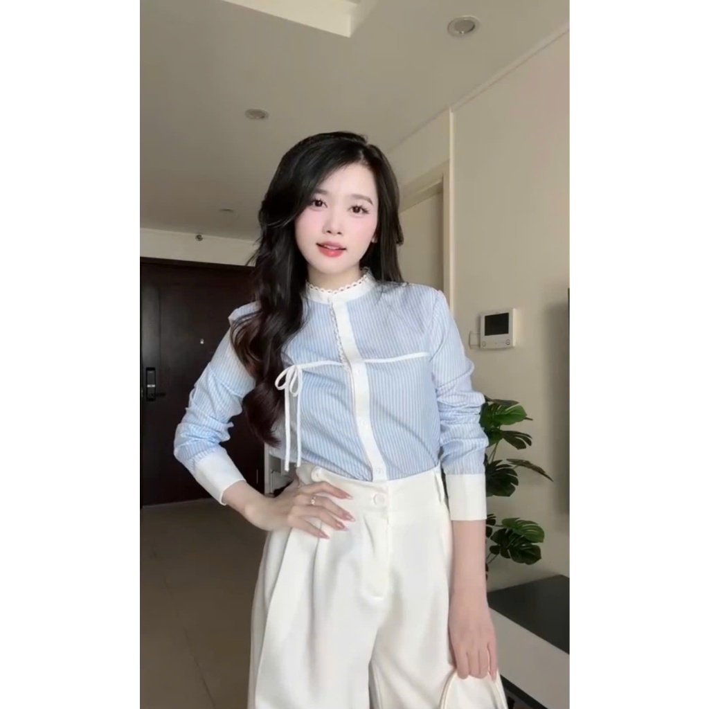 Áo sơ mi kẻ sọc cổ tàu mix ren hàng thiết kế sang trọng, thanh lịch - ST Design - 15