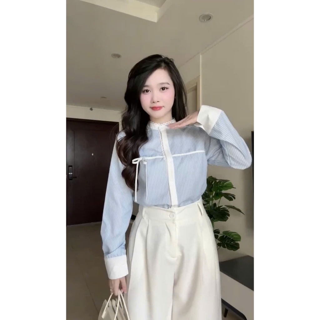 Áo sơ mi kẻ sọc cổ tàu mix ren hàng thiết kế sang trọng, thanh lịch - ST Design - 15