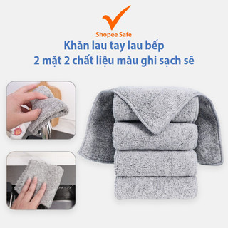 Khăn lau tay lau bếp 2 mặt 2 chất liệu màu ghi sạch sẽ thấm hút tốt tiện lợi