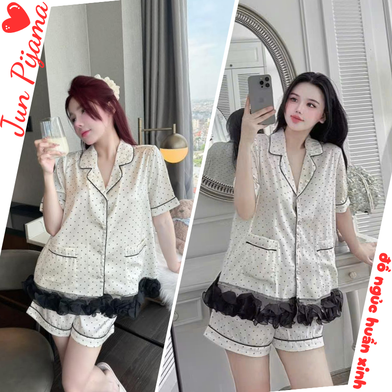 Đồ ngủ lụa, bộ đồ mặc nhà nữ mùa hè cổ vest phối bèo tơ nhún họa tiết chấm bi nhỏ siêu sang HCOM26410