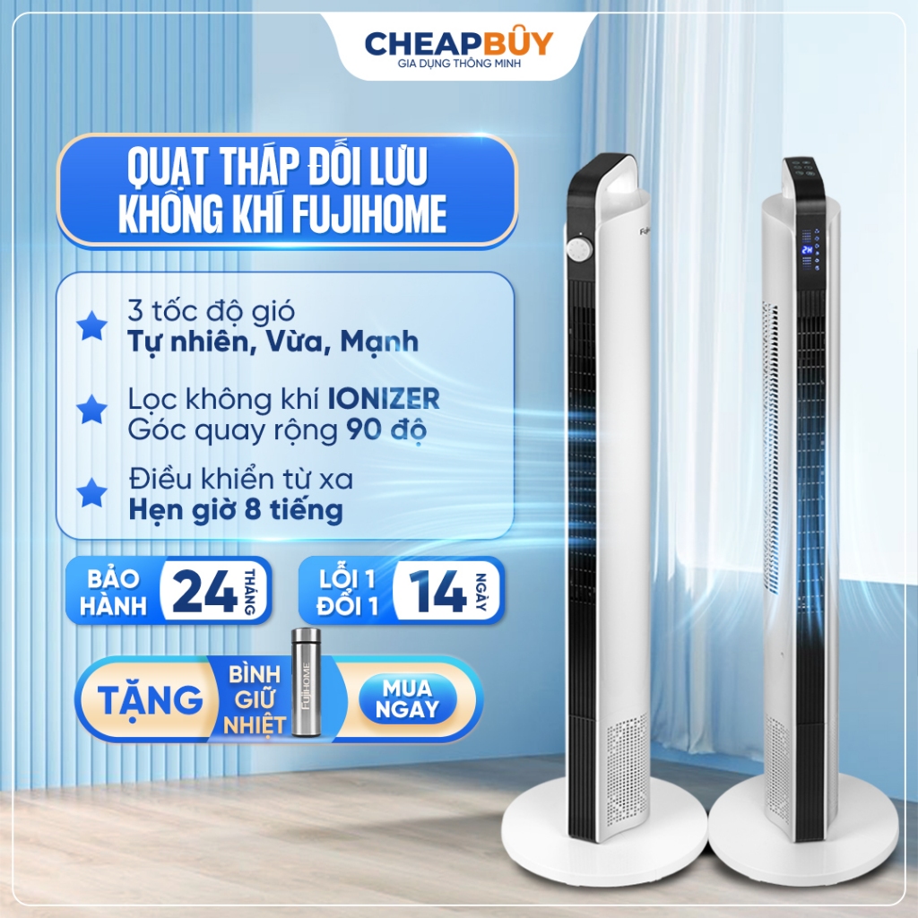 Quạt tháp đối lưu lọc không khí Ionizer Fujihome, Quạt không cánh đứng làm mát điều khiển từ xa tiết kiệm điện