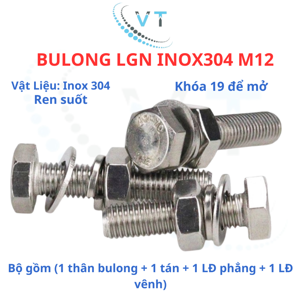 Bulong LGN inox304 M12 (vặn cờ lê 19) dài 20mm - 200mm. 1 bộ ( 1 bulong + 1 tán+ 1LĐ phẳng + 1 LĐ vênh)
