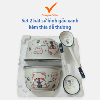 Set 2 bát sứ hình gấu xanh kèm thìa chén ăn cơm hoạt hình dễ thương cho bé