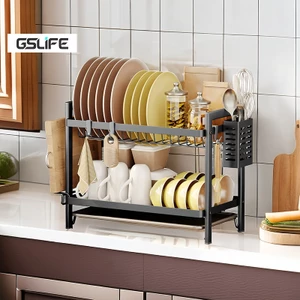 Gslife Kệ chén bát 2 tầng thép không gỉ cao cấp, khay hứng nước đa năng, siêu thoát nước