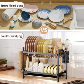 Gslife Kệ chén bát 2 tầng thép không gỉ cao cấp, khay hứng nước đa năng, siêu thoát nước