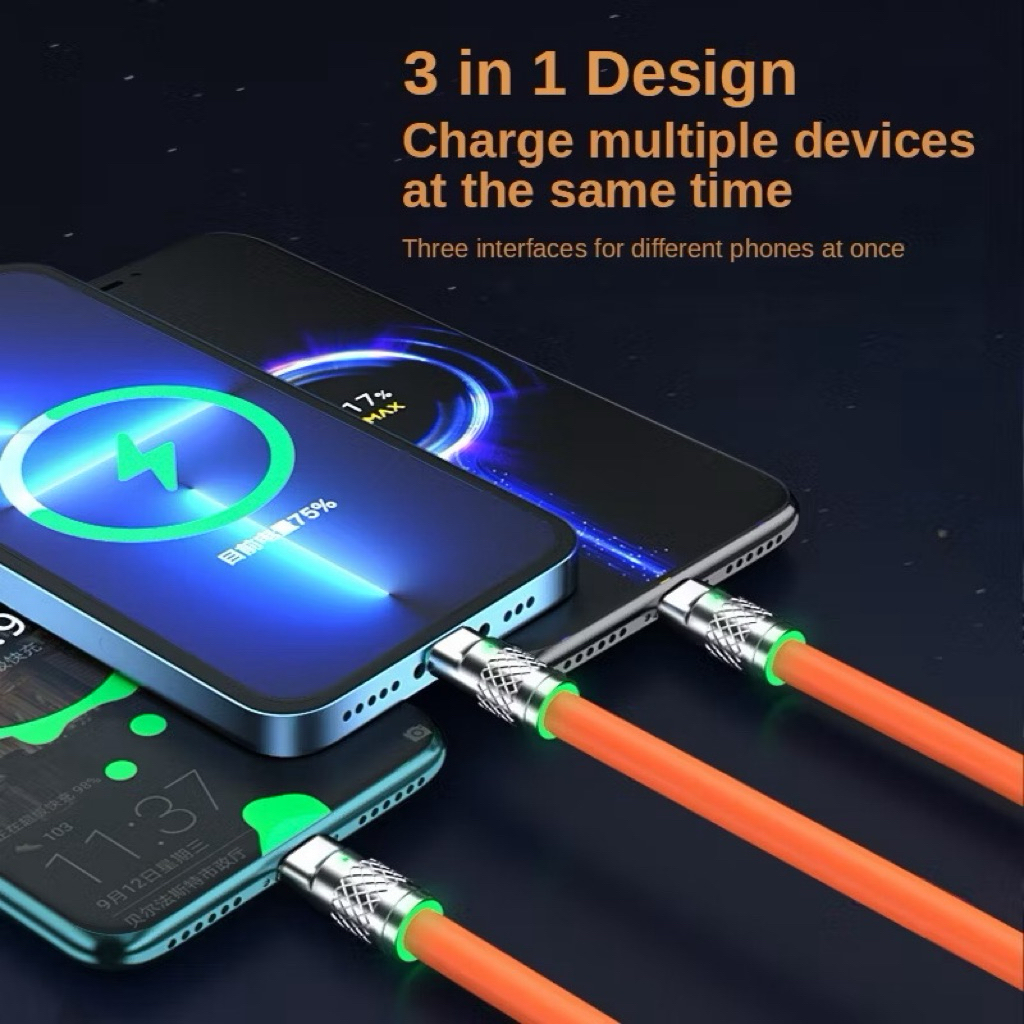 Dây Sạc Nhanh 3 Đầu Sạc Được Mọi Dòng Máy 120W 3in1 Silicon Dài 2M TypeC