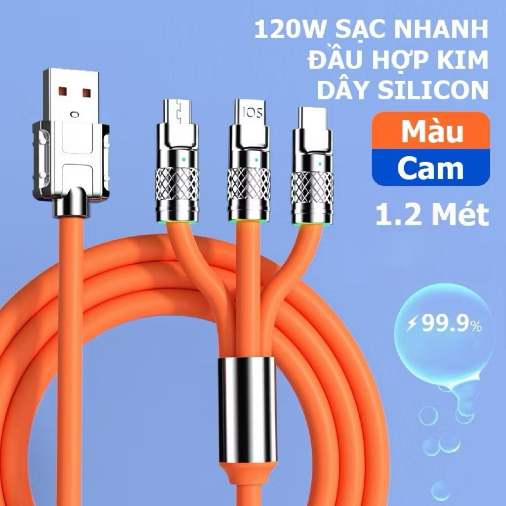 Dây Sạc Nhanh 3 Đầu Sạc Được Mọi Dòng Máy 120W 3in1 Silicon Dài 2M TypeC