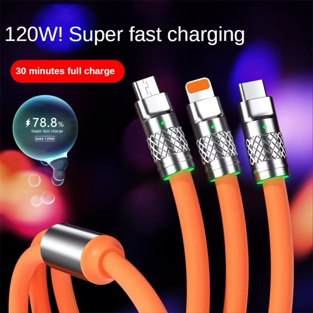 Dây Sạc Nhanh 3 Đầu Sạc Được Mọi Dòng Máy 120W 3in1 Silicon Dài 2M TypeC
