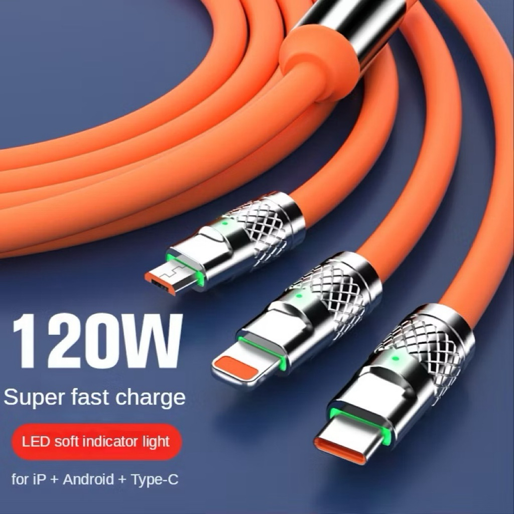 Dây Sạc Nhanh 3 Đầu Sạc Được Mọi Dòng Máy 120W 3in1 Silicon Dài 2M TypeC