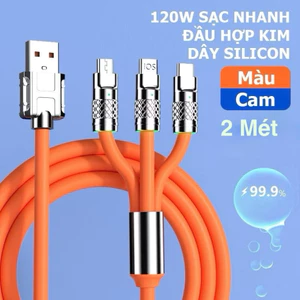 Dây Sạc Nhanh 3 Đầu Sạc Được Mọi Dòng Máy 120W 3in1 Silicon Dài 2M TypeC