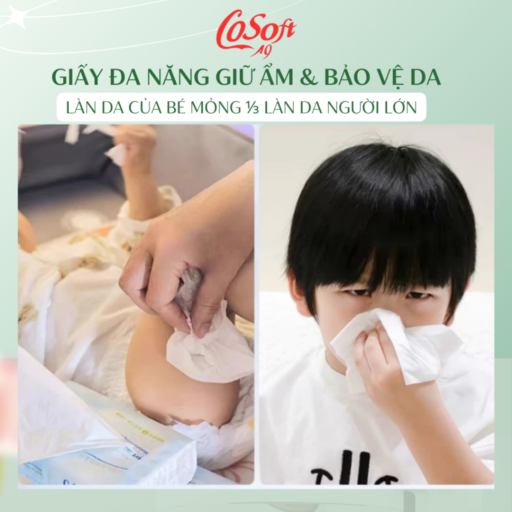 [Cosoft] Khăn Giấy Đa Năng Cho Em Bé Và Da Nhạy Cảm – Dịu Nhẹ, An Toàn, Siêu Mềm - 80 Tờ, Giấy 3 Lớp