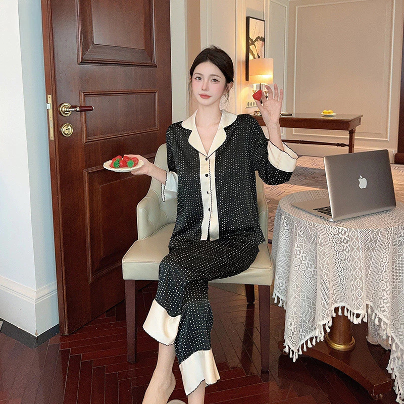 Set đồ ngủ nữ lụa bóng cao cấp tay lỡ phối viền sang trọng, bộ pijama mặc nhà dễ thương thoáng mát 4 mùa HCOM26414