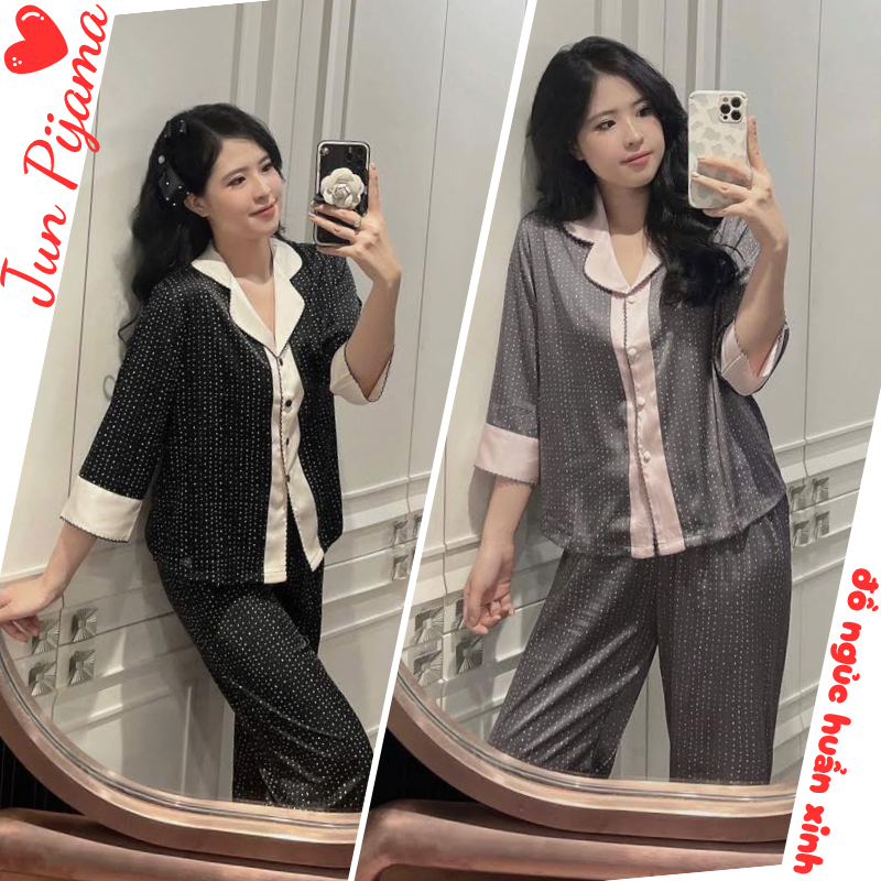 Set đồ ngủ nữ lụa bóng cao cấp tay lỡ phối viền sang trọng, bộ pijama mặc nhà dễ thương thoáng mát 4 mùa HCOM26414