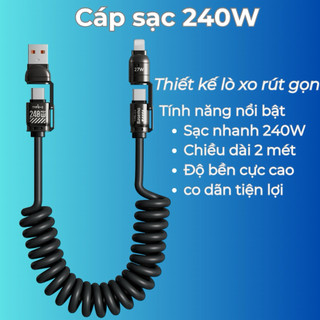 Dây Sạc Đa Năng LÒ XO 240W Xe Ô Tô 4 trong 1 Truyền Dữ Liệu Sạc Nhanh Tích Hợp Nhiều Cổng Sạc Type C USB Ligninh