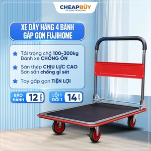 Xe đẩy hàng 4 bánh gấp gọn 300kg nhập khẩu FUJIHOME, xe kéo hàng xếp gọn đa năng bánh xe chốt hãm cao su siêu bền