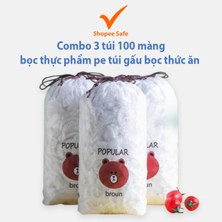 Combo 3 túi 100 màng bọc thực phẩm pe túi gấu bọc thức ăn có chun co giãn tái sử dụng