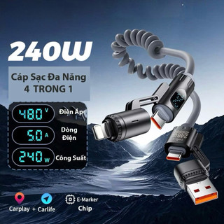 Cáp Sạc Lò Xo Cáp Sạc Dữ Liệu 4 Trong 1 Dây Sạc Nhanh 2M USB A Đến Type C 480Mbps