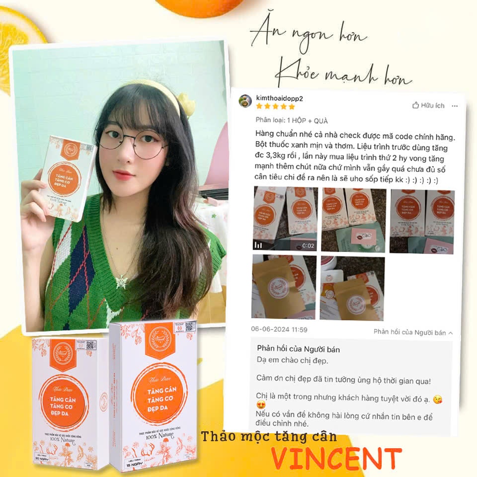 Tăng Cân Vincent Chính Hãng Thảo Mộc Hỗ Trợ Tăng Cân Cho Người Gầy cơ địa khó tăng kí lâu năm