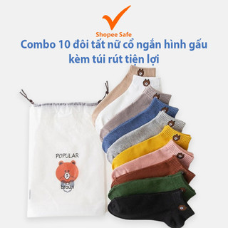 Combo 10 đôi tất nữ cổ ngắn hình gấu đáng yêu chất dày mềm mại tặng kèm túi rút tiện lợi #T10
