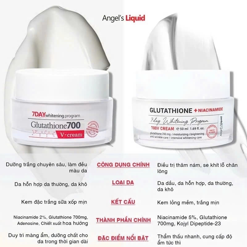 Combo Serum Và Kem Dưỡng Angel's Liquid Glutathione +Niacinamide V-Cream Dưỡng Trắng Da, Mờ Thâm da dầu (30ml + 50ml)