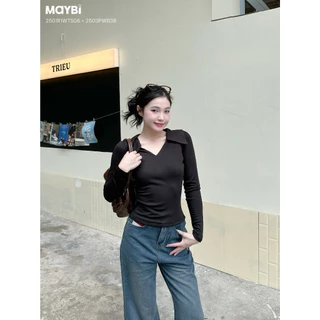 Áo Cổ V Thun Tăm Nữ Dài Tay MAYBI - Co Giãn, Ôm Dáng, Nhiều Màu - Thời Trang Nữ
