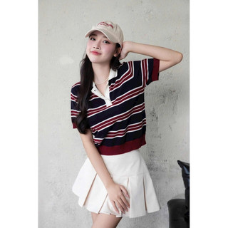 LT - Áo polo kẻ cổ bẻ cộc tay len mongtoghi phối màu siêu xinh free size 1165
