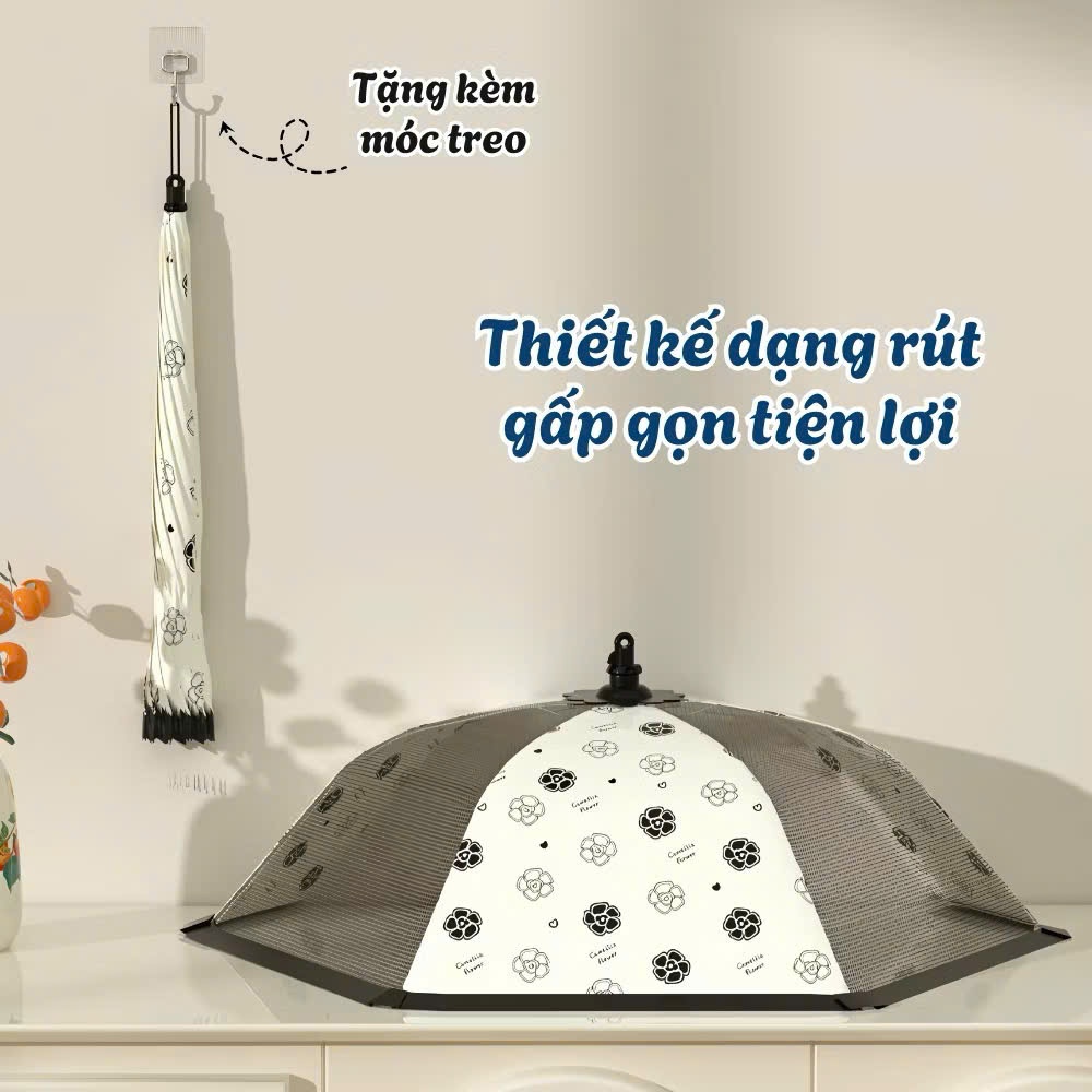 Lồng bàn vải lưới chống côn trùng bụi bẩn gấp gọn tiện lợi.có kèm móc treo