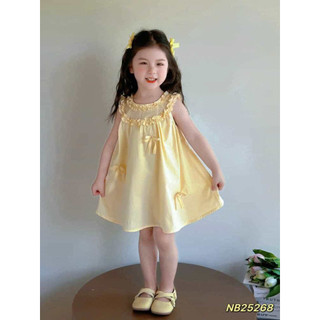 Váy hè, Váy thô mềm viền bèo cổ gắn nơ nhỏ cho bé gái