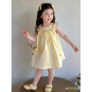 Váy hè, Váy thô mềm viền bèo cổ gắn nơ nhỏ cho bé gái