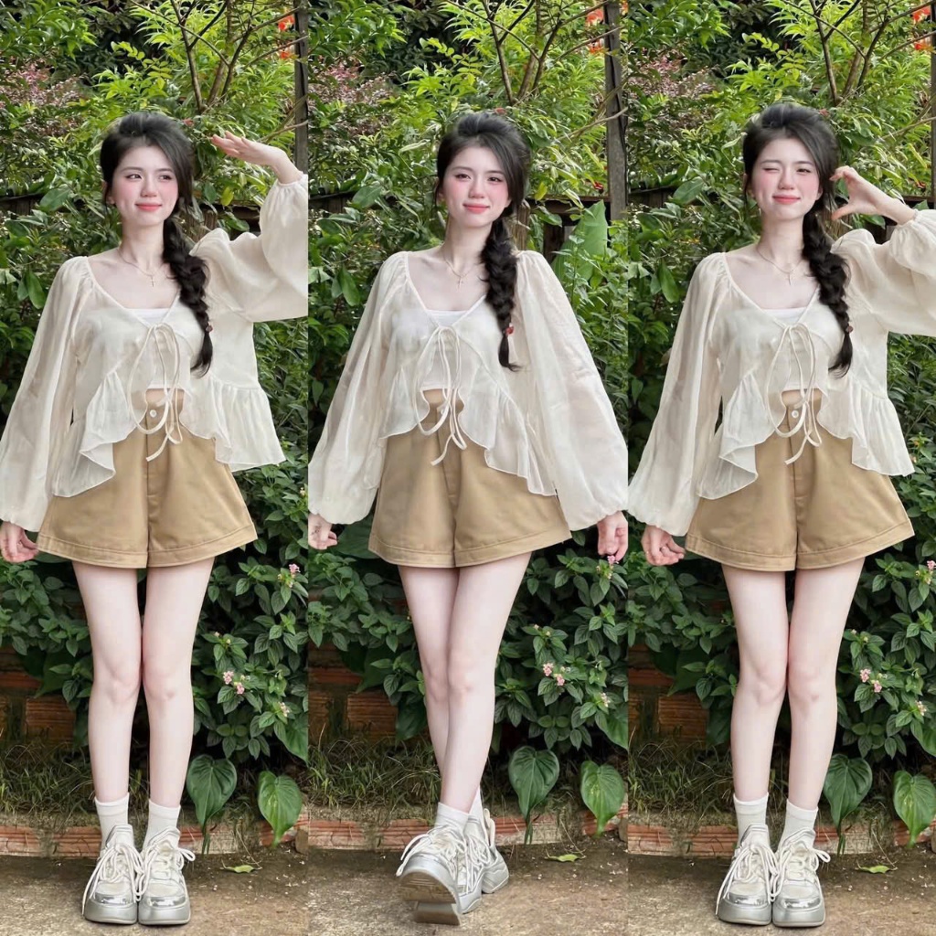 set áo tơ tay dài dáng babydoll kèm áo trong + quần short đùi phong cách hàn quốc